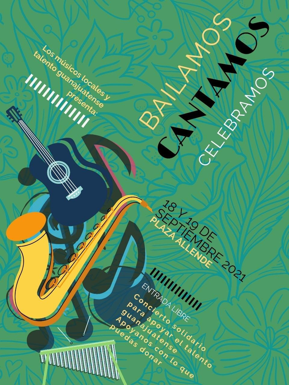Illustrated poster for Bailamos, Cantamos, Celebramos on 18 and 19 September 2021 at Plaza Allende.