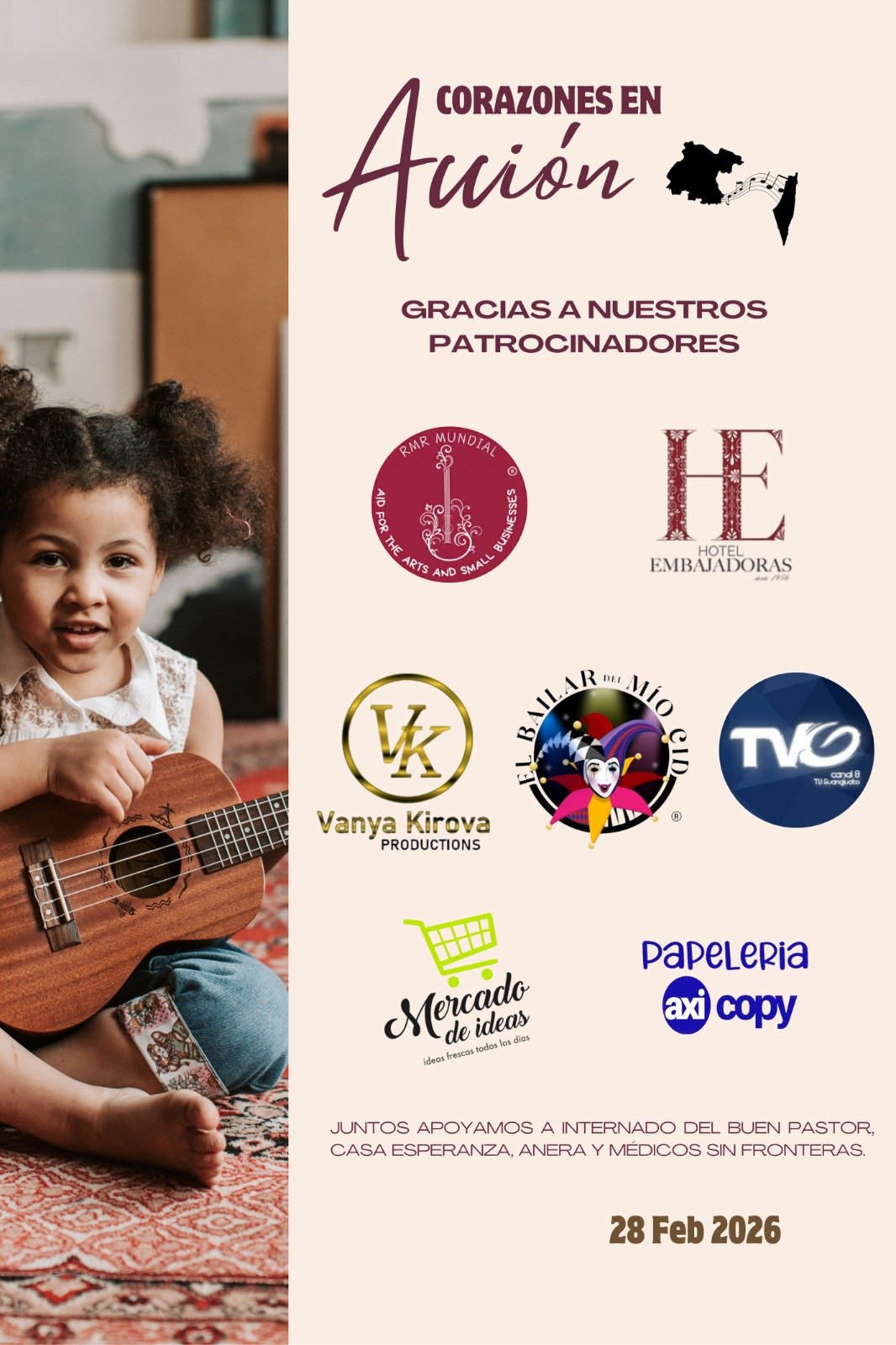 Poster thanking the sponsors of Corazones en Acción 2026, beside a photograph of a young child playing a ukulele.